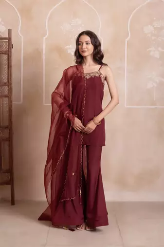 Maroon embellished crepe tunic palazzo set with organza dupatta for women