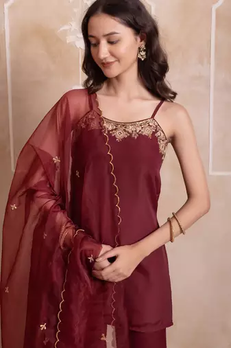 Maroon embellished crepe tunic palazzo set with organza dupatta for women