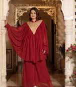 Maroon sequins work blooming georgette kaftan palazzo co-ord set for women