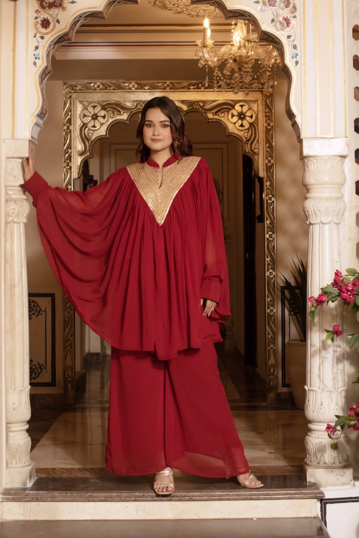Maroon sequins work blooming georgette kaftan palazzo co-ord set for women