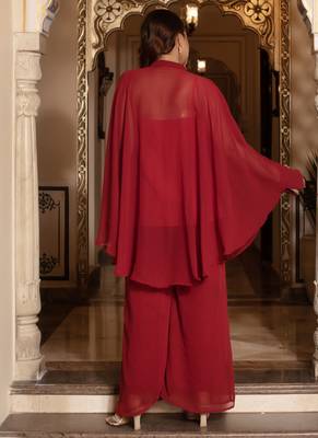 Maroon sequins work blooming georgette kaftan palazzo co-ord set for women 2