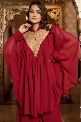 Maroon sequins work blooming georgette kaftan palazzo co-ord set for women