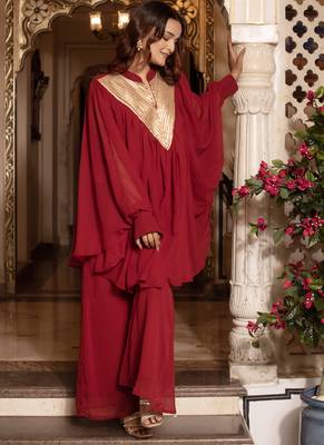 Maroon sequins work blooming georgette kaftan palazzo co-ord set for women 4