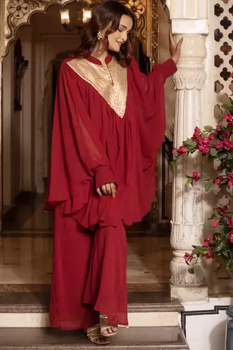 Maroon sequins work blooming georgette kaftan palazzo co-ord set for women