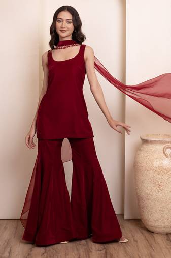 Maroon solid velvet sharara set with choker dupatta for women
