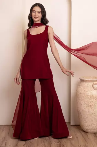 Maroon solid velvet sharara set with choker dupatta for women
