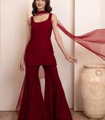 Maroon solid velvet sharara set with choker dupatta for women