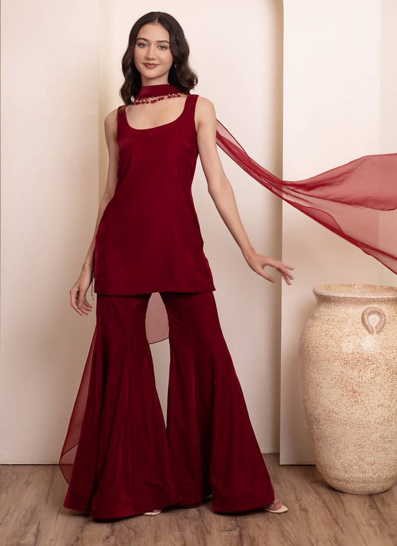 Maroon solid velvet sharara set with choker dupatta for women