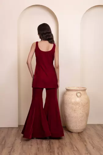 Maroon solid velvet sharara set with choker dupatta for women