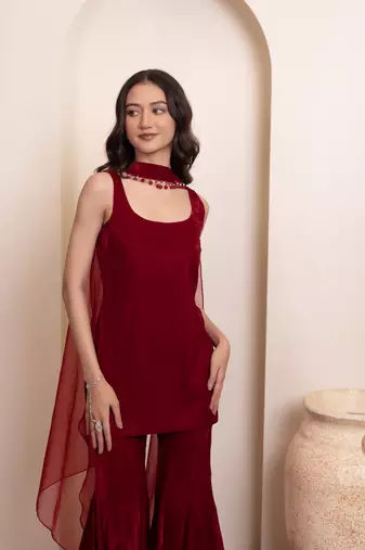 Maroon solid velvet sharara set with choker dupatta for women