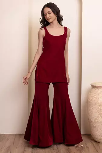 Maroon solid velvet sharara set with choker dupatta for women