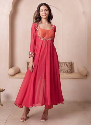 Orange mirror work georgette anarkali suit set for women 1