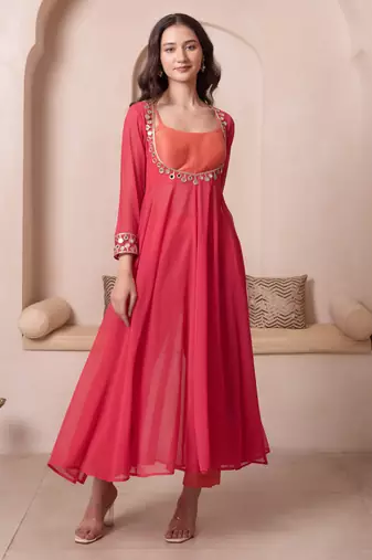 Orange mirror work georgette anarkali suit set for women