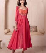 Orange mirror work georgette anarkali suit set for women