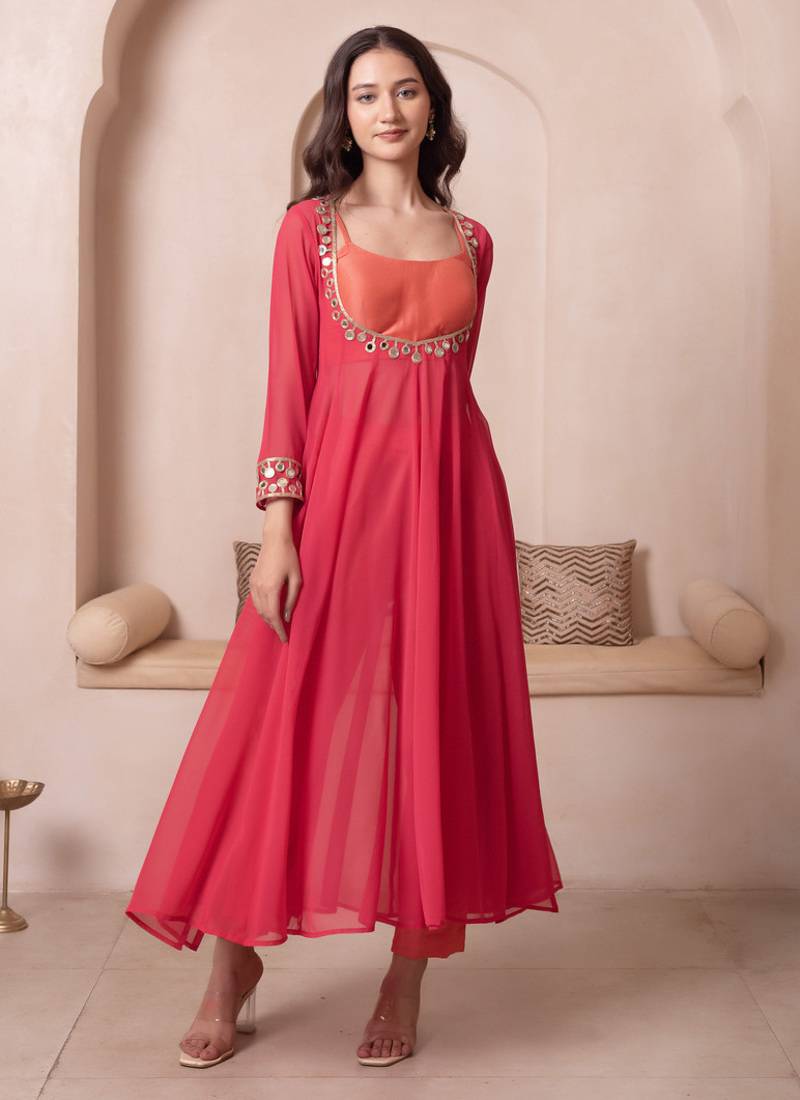 Orange mirror work georgette anarkali suit set for women