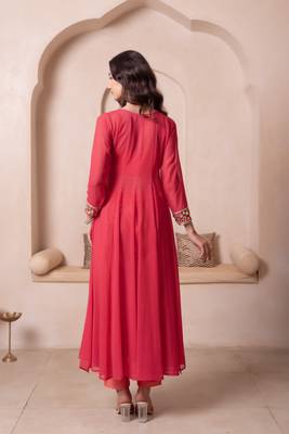 Orange mirror work georgette anarkali suit set for women 2