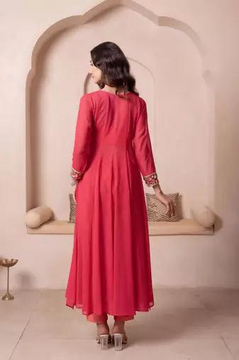 Orange mirror work georgette anarkali suit set for women