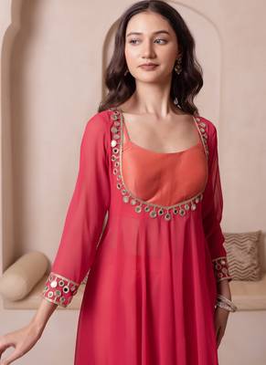 Orange mirror work georgette anarkali suit set for women 3