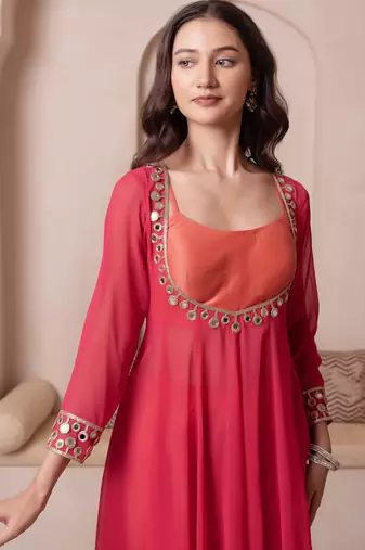 Orange mirror work georgette anarkali suit set for women