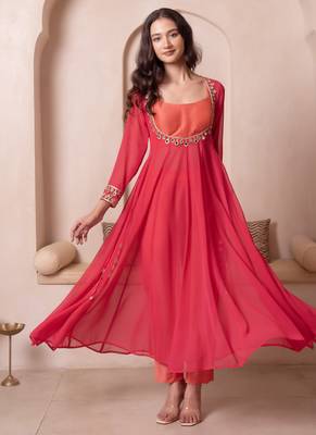 Orange mirror work georgette anarkali suit set for women 4
