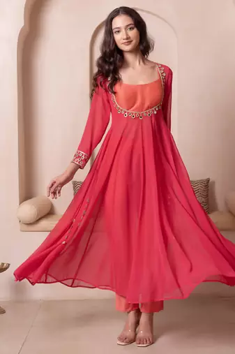 Orange mirror work georgette anarkali suit set for women