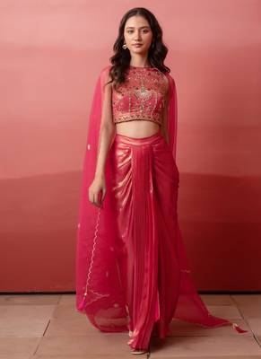 Pink cutdana embroidered crepe cape skirt set for women 1