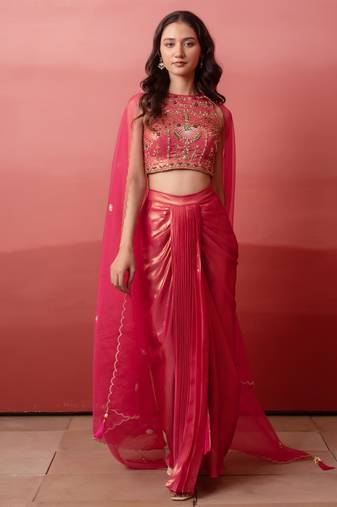 Pink cutdana embroidered crepe cape skirt set for women