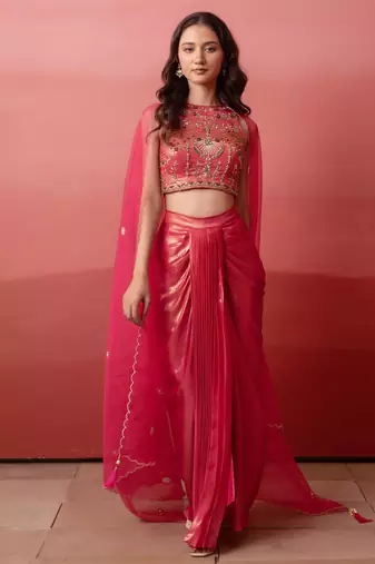 Pink cutdana embroidered crepe cape skirt set for women