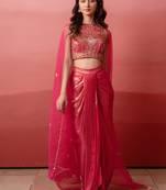 Pink cutdana embroidered crepe cape skirt set for women