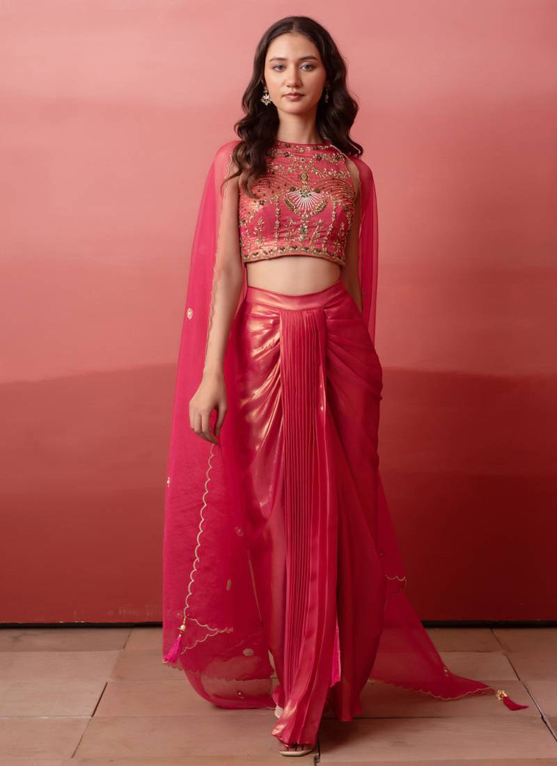 Pink cutdana embroidered crepe cape skirt set for women