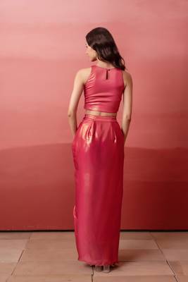Pink cutdana embroidered crepe cape skirt set for women 2