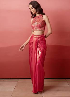 Pink cutdana embroidered crepe cape skirt set for women 4