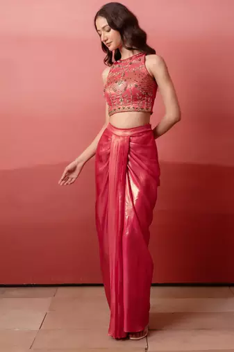 Pink cutdana embroidered crepe cape skirt set for women