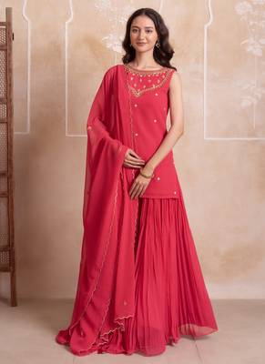 Pink embroidered georgette sharara set with dupatta for women 1
