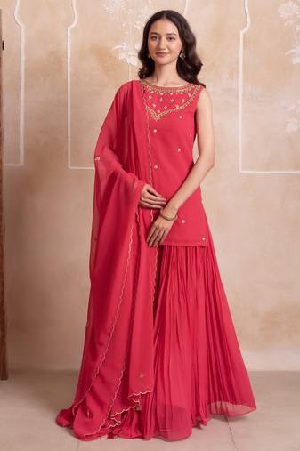 Pink embroidered georgette sharara set with dupatta for women
