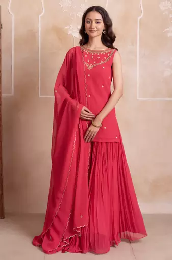 Pink embroidered georgette sharara set with dupatta for women