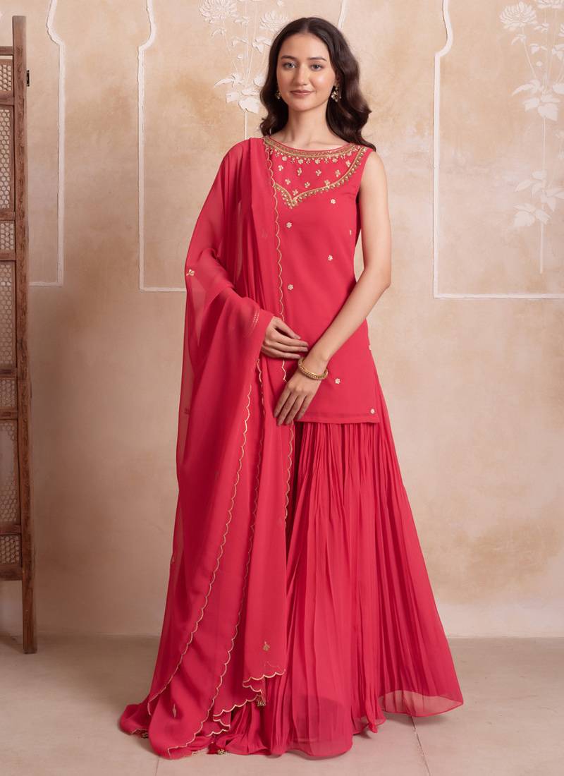 Pink embroidered georgette sharara set with dupatta for women