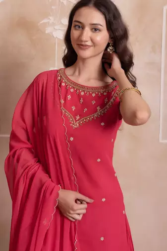 Pink embroidered georgette sharara set with dupatta for women