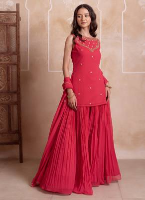 Pink embroidered georgette sharara set with dupatta for women 4
