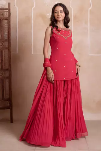 Pink embroidered georgette sharara set with dupatta for women