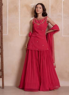Pink embroidered georgette sharara set with dupatta for women 5