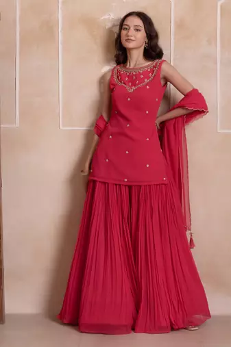 Pink embroidered georgette sharara set with dupatta for women
