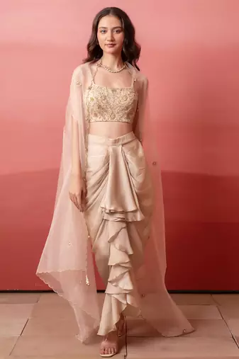 Beige champagne gold handwork georgette draped skirt set with shrug for women