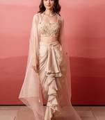 Beige champagne gold handwork georgette draped skirt set with shrug for women