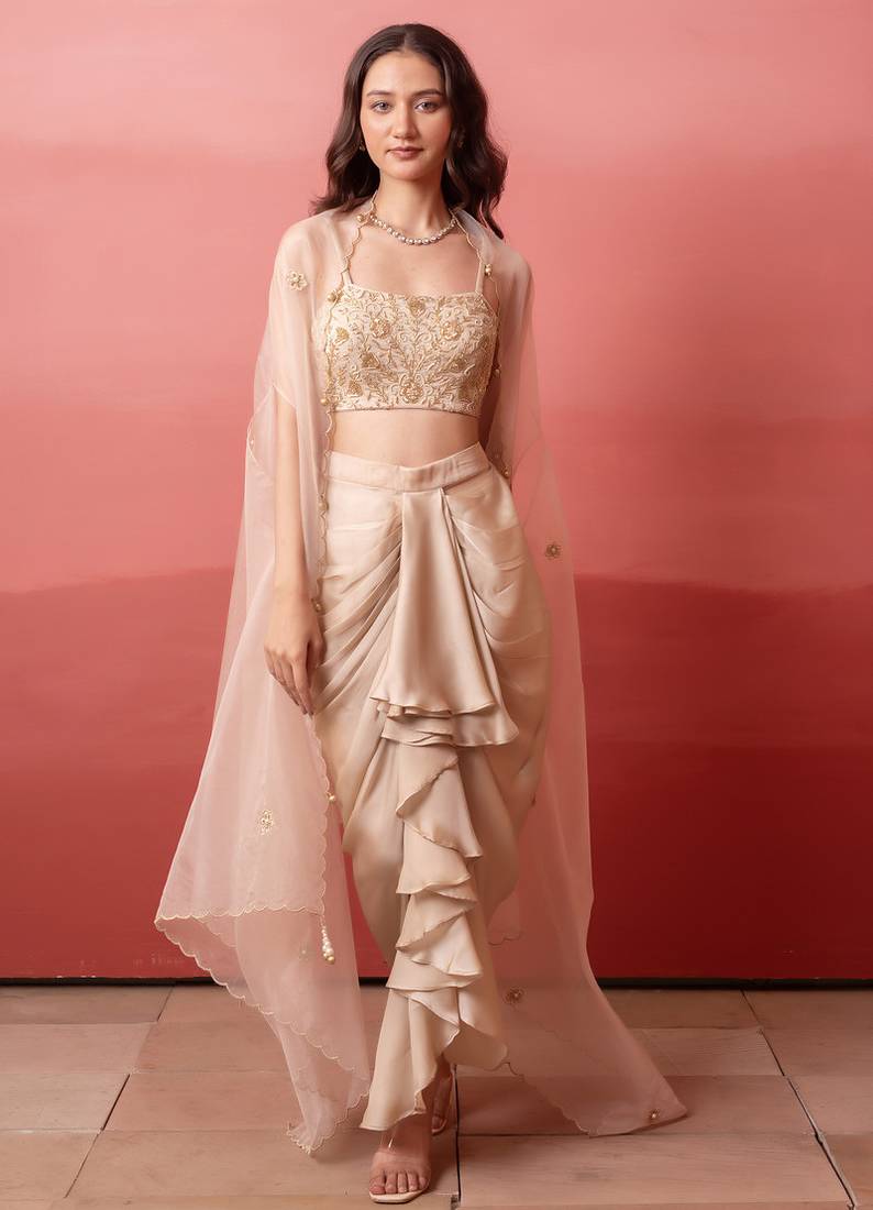 Beige champagne gold handwork georgette draped skirt set with shrug for women