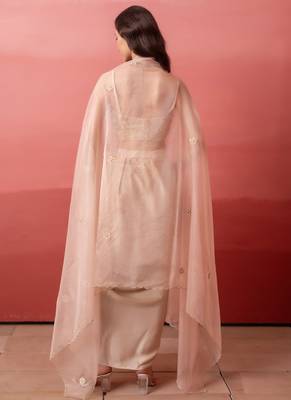 Beige champagne gold handwork georgette draped skirt set with shrug for women 2
