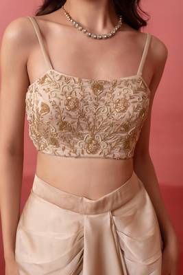 Beige champagne gold handwork georgette draped skirt set with shrug for women 3