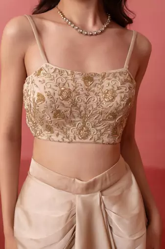 Beige champagne gold handwork georgette draped skirt set with shrug for women