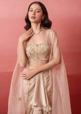 Beige champagne gold handwork georgette draped skirt set with shrug for women 4