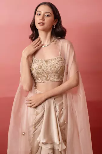 Beige champagne gold handwork georgette draped skirt set with shrug for women